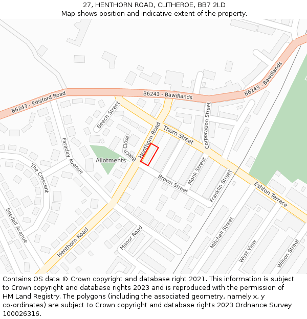 27, HENTHORN ROAD, CLITHEROE, BB7 2LD: Location map and indicative extent of plot