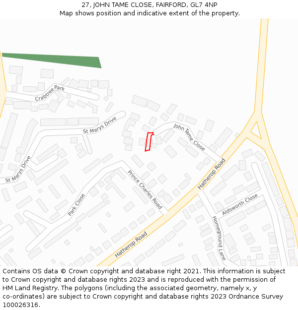 27, JOHN TAME CLOSE, FAIRFORD, GL7 4NP: Location map and indicative extent of plot