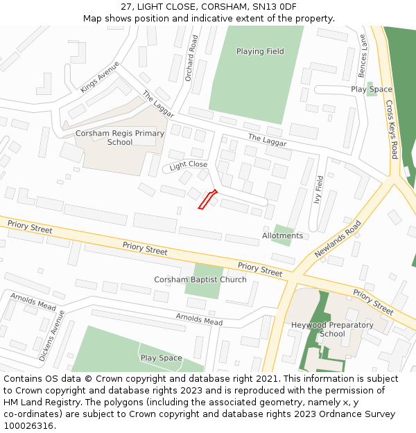 27, LIGHT CLOSE, CORSHAM, SN13 0DF: Location map and indicative extent of plot