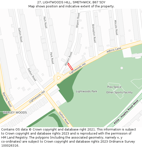 27, LIGHTWOODS HILL, SMETHWICK, B67 5DY: Location map and indicative extent of plot