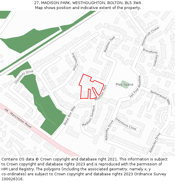 27, MADISON PARK, WESTHOUGHTON, BOLTON, BL5 3WA: Location map and indicative extent of plot