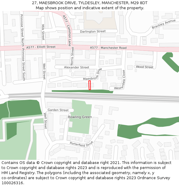 27, MAESBROOK DRIVE, TYLDESLEY, MANCHESTER, M29 8DT: Location map and indicative extent of plot