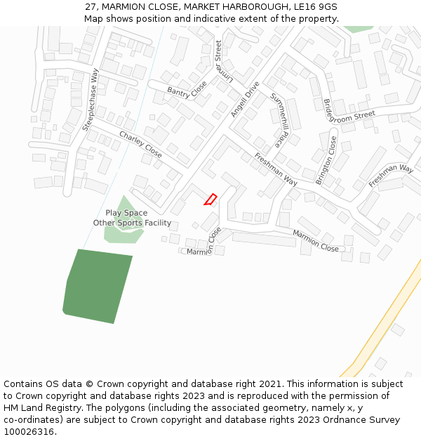 27, MARMION CLOSE, MARKET HARBOROUGH, LE16 9GS: Location map and indicative extent of plot