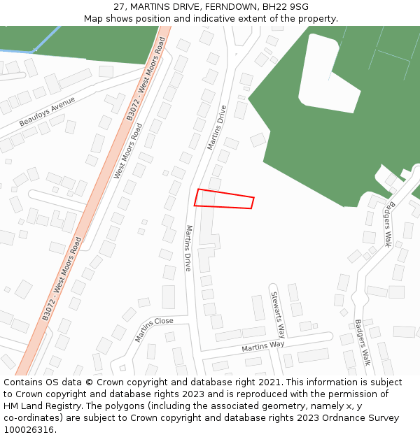 27, MARTINS DRIVE, FERNDOWN, BH22 9SG: Location map and indicative extent of plot