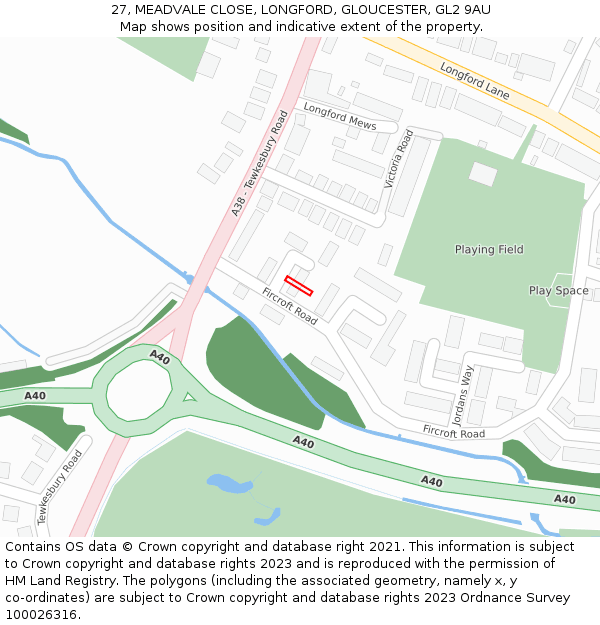 27, MEADVALE CLOSE, LONGFORD, GLOUCESTER, GL2 9AU: Location map and indicative extent of plot