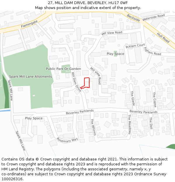 27, MILL DAM DRIVE, BEVERLEY, HU17 0WF: Location map and indicative extent of plot