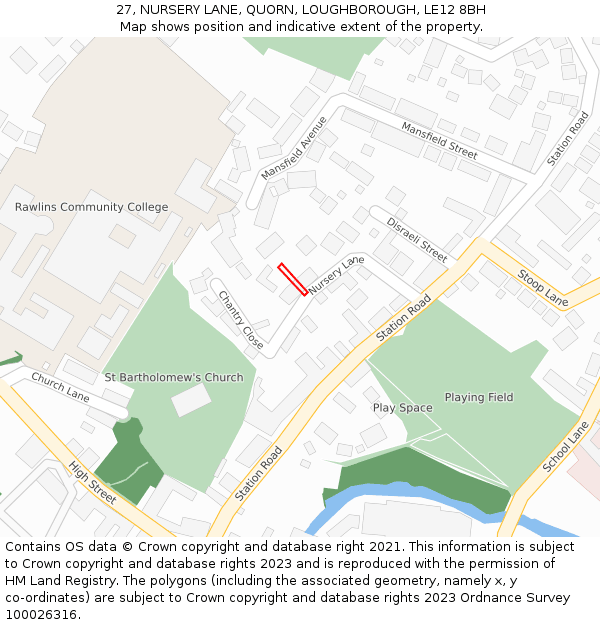 27, NURSERY LANE, QUORN, LOUGHBOROUGH, LE12 8BH: Location map and indicative extent of plot