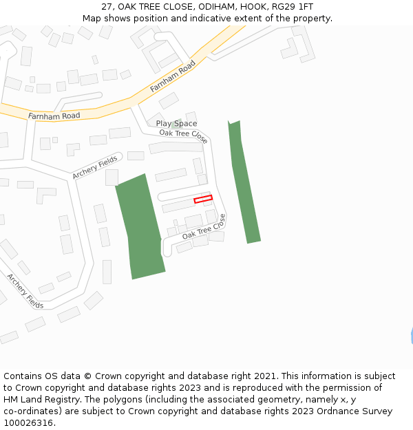 27, OAK TREE CLOSE, ODIHAM, HOOK, RG29 1FT: Location map and indicative extent of plot