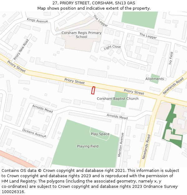 27, PRIORY STREET, CORSHAM, SN13 0AS: Location map and indicative extent of plot