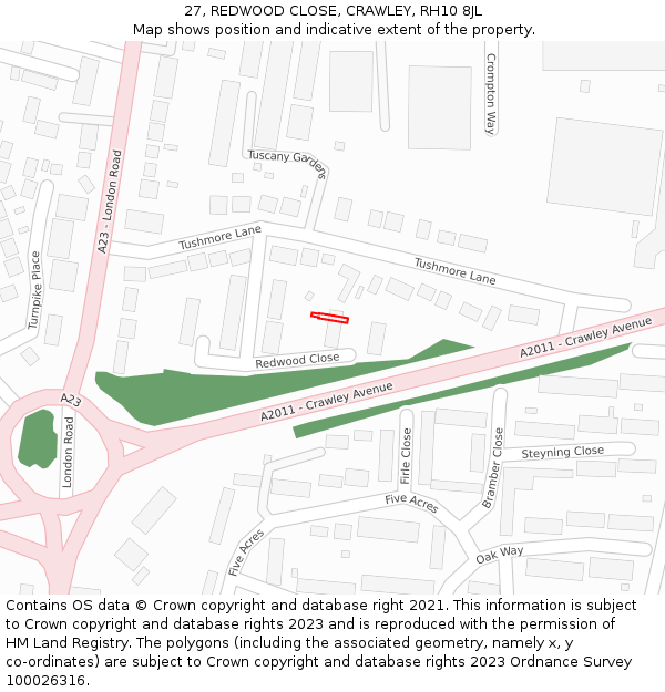 27, REDWOOD CLOSE, CRAWLEY, RH10 8JL: Location map and indicative extent of plot