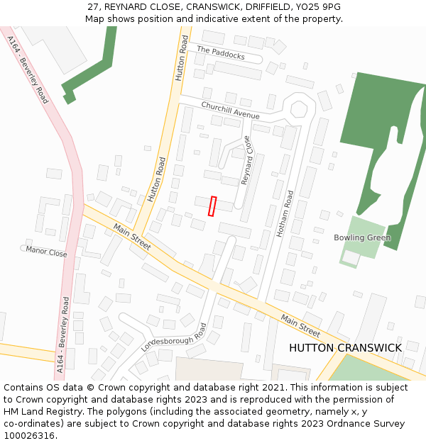 27, REYNARD CLOSE, CRANSWICK, DRIFFIELD, YO25 9PG: Location map and indicative extent of plot