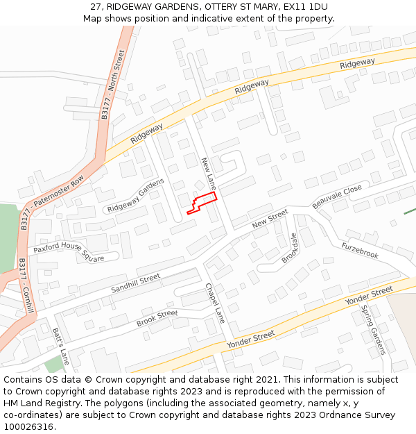 27, RIDGEWAY GARDENS, OTTERY ST MARY, EX11 1DU: Location map and indicative extent of plot