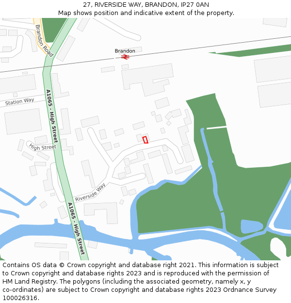 27, RIVERSIDE WAY, BRANDON, IP27 0AN: Location map and indicative extent of plot