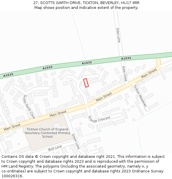 27, SCOTTS GARTH DRIVE, TICKTON, BEVERLEY, HU17 9RR: Location map and indicative extent of plot