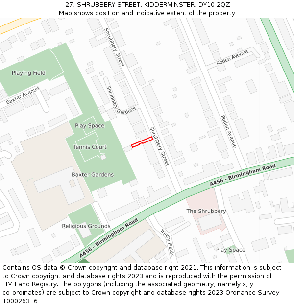 27, SHRUBBERY STREET, KIDDERMINSTER, DY10 2QZ: Location map and indicative extent of plot