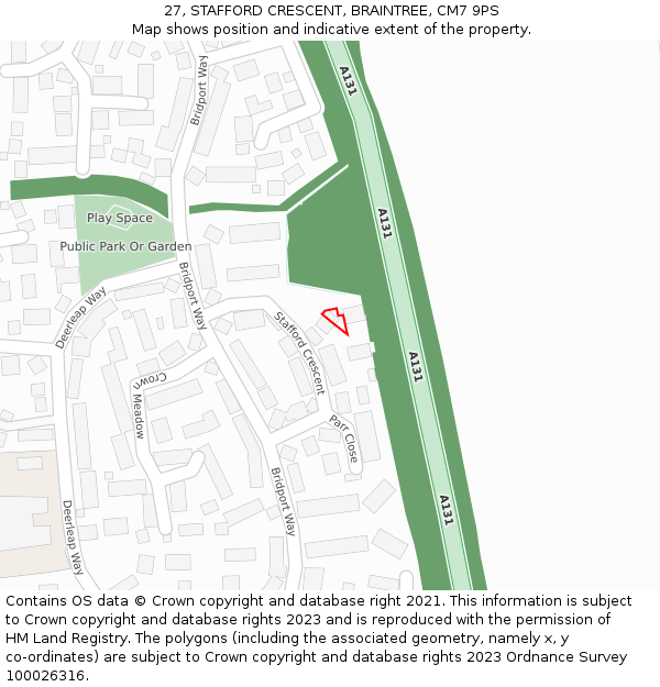 27, STAFFORD CRESCENT, BRAINTREE, CM7 9PS: Location map and indicative extent of plot