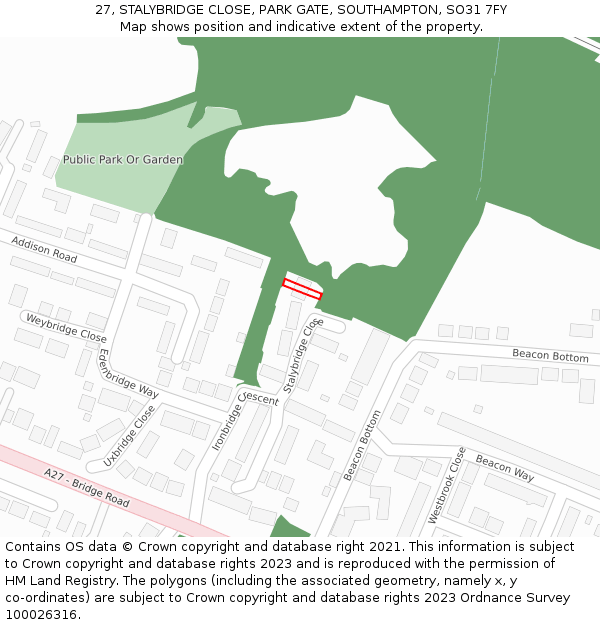 27, STALYBRIDGE CLOSE, PARK GATE, SOUTHAMPTON, SO31 7FY: Location map and indicative extent of plot