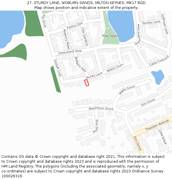 27, STURDY LANE, WOBURN SANDS, MILTON KEYNES, MK17 8GD: Location map and indicative extent of plot