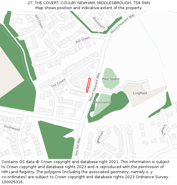 27, THE COVERT, COULBY NEWHAM, MIDDLESBROUGH, TS8 0WN: Location map and indicative extent of plot