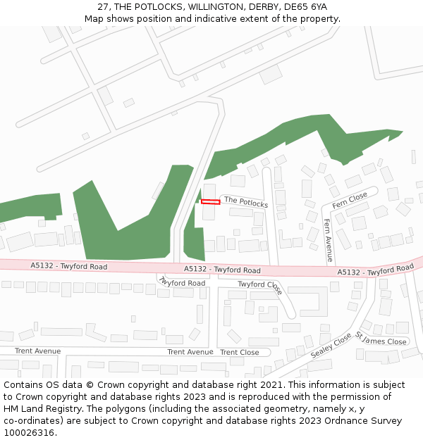 27, THE POTLOCKS, WILLINGTON, DERBY, DE65 6YA: Location map and indicative extent of plot