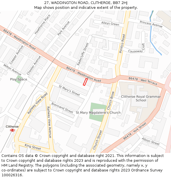 27, WADDINGTON ROAD, CLITHEROE, BB7 2HJ: Location map and indicative extent of plot