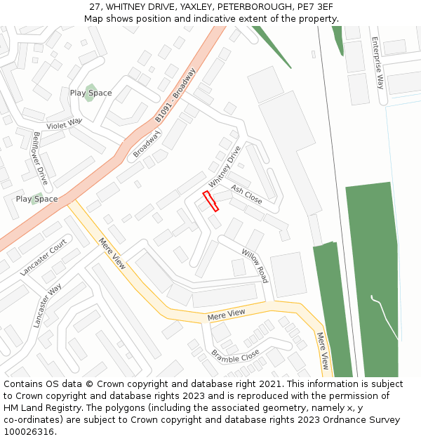 27, WHITNEY DRIVE, YAXLEY, PETERBOROUGH, PE7 3EF: Location map and indicative extent of plot