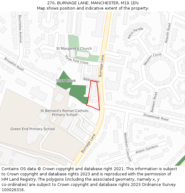 270, BURNAGE LANE, MANCHESTER, M19 1EN: Location map and indicative extent of plot