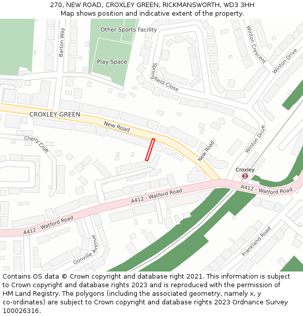 270, NEW ROAD, CROXLEY GREEN, RICKMANSWORTH, WD3 3HH: Location map and indicative extent of plot