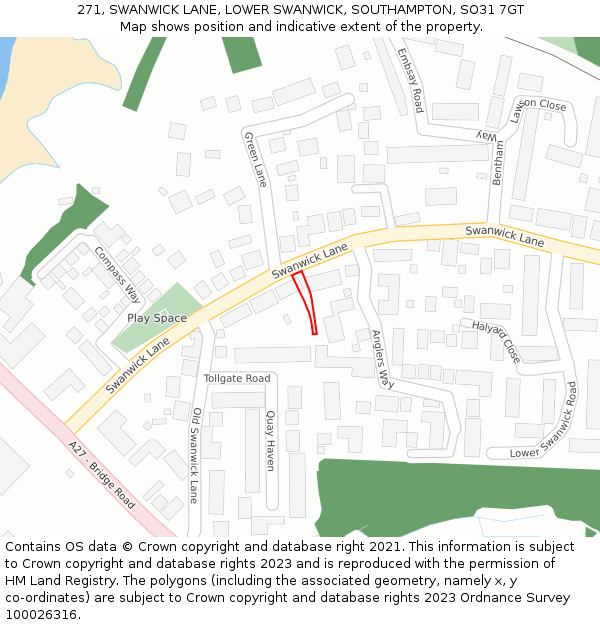 271, SWANWICK LANE, LOWER SWANWICK, SOUTHAMPTON, SO31 7GT: Location map and indicative extent of plot