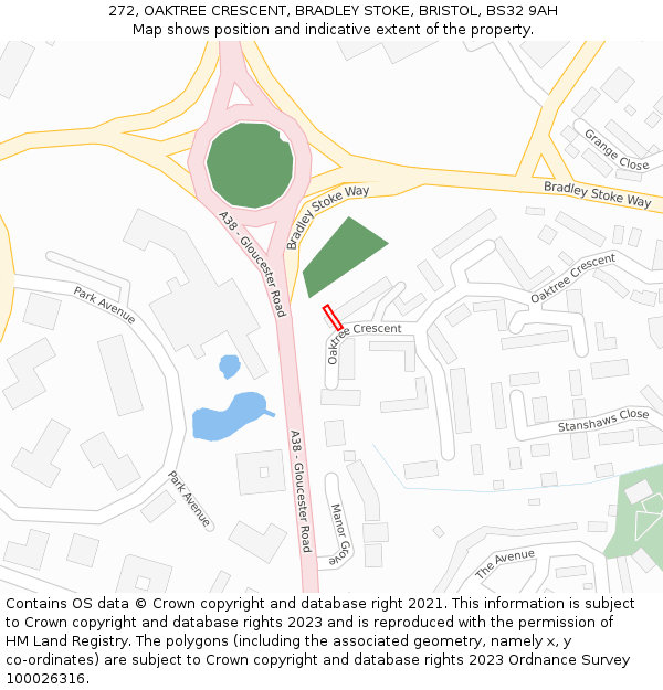 272, OAKTREE CRESCENT, BRADLEY STOKE, BRISTOL, BS32 9AH: Location map and indicative extent of plot
