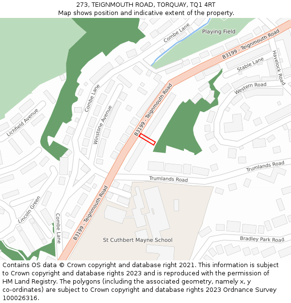 273, TEIGNMOUTH ROAD, TORQUAY, TQ1 4RT: Location map and indicative extent of plot