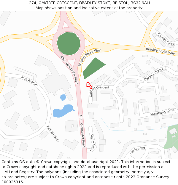 274, OAKTREE CRESCENT, BRADLEY STOKE, BRISTOL, BS32 9AH: Location map and indicative extent of plot