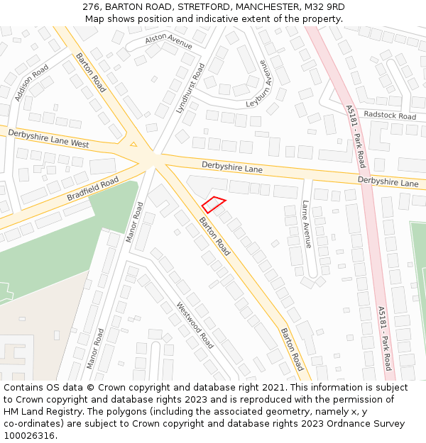 276, BARTON ROAD, STRETFORD, MANCHESTER, M32 9RD: Location map and indicative extent of plot