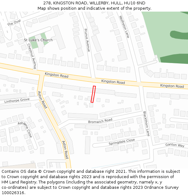 278, KINGSTON ROAD, WILLERBY, HULL, HU10 6ND: Location map and indicative extent of plot