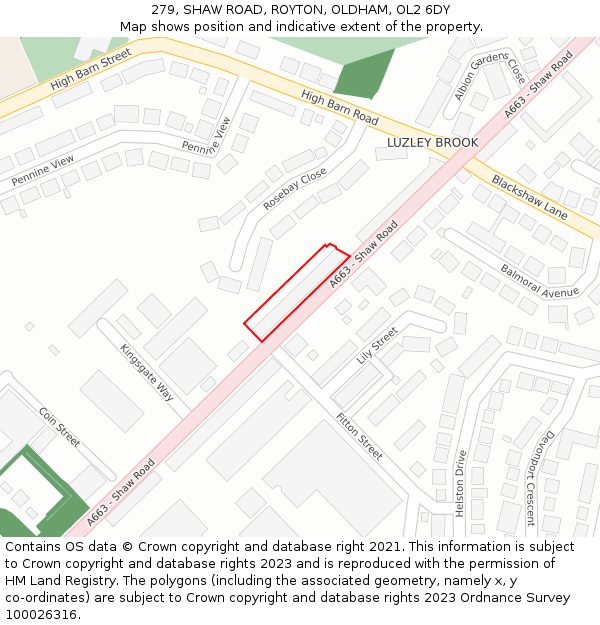 279, SHAW ROAD, ROYTON, OLDHAM, OL2 6DY: Location map and indicative extent of plot