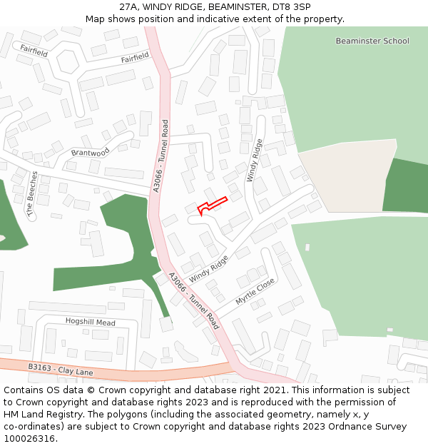 27A, WINDY RIDGE, BEAMINSTER, DT8 3SP: Location map and indicative extent of plot