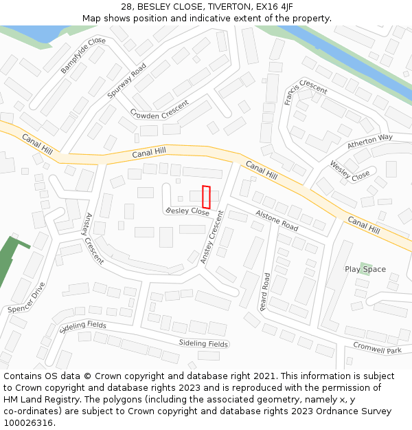 28, BESLEY CLOSE, TIVERTON, EX16 4JF: Location map and indicative extent of plot