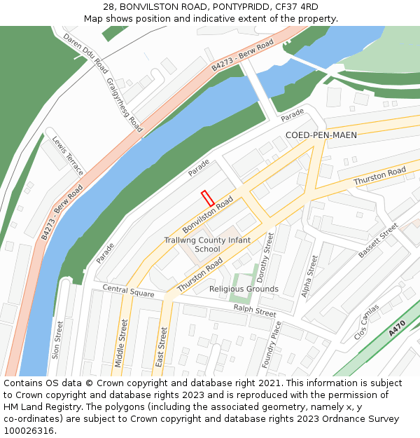 28, BONVILSTON ROAD, PONTYPRIDD, CF37 4RD: Location map and indicative extent of plot
