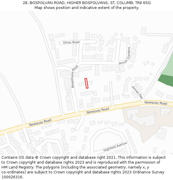 28, BOSPOLVAN ROAD, HIGHER BOSPOLVANS, ST. COLUMB, TR9 6SG: Location map and indicative extent of plot