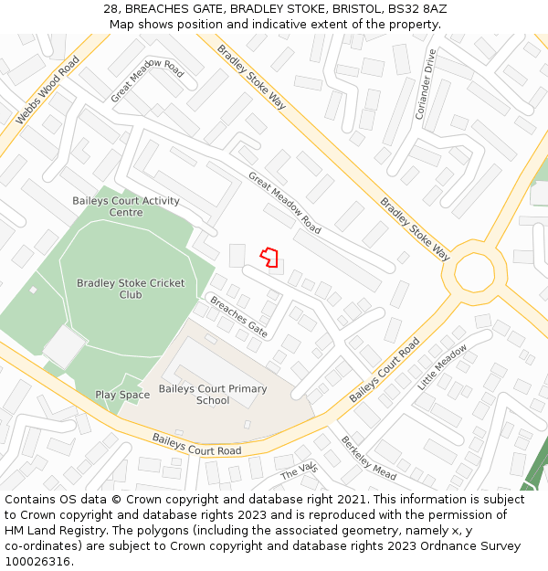 28, BREACHES GATE, BRADLEY STOKE, BRISTOL, BS32 8AZ: Location map and indicative extent of plot