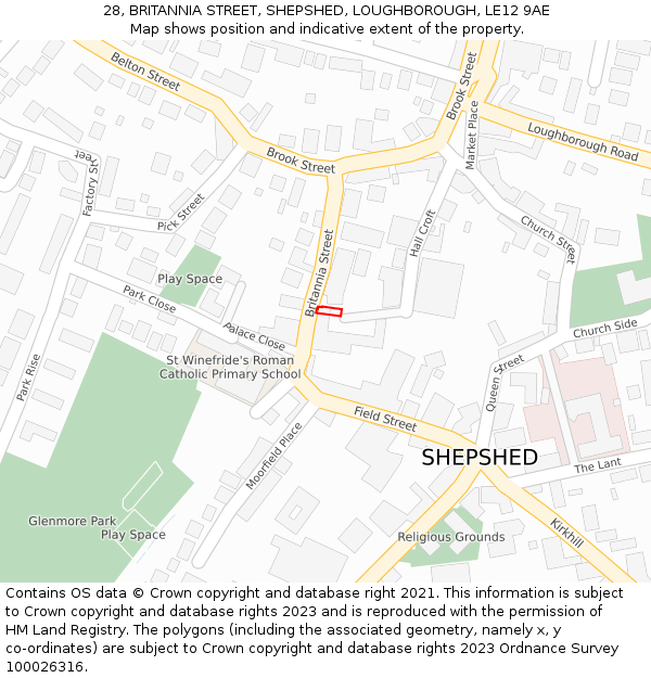 28, BRITANNIA STREET, SHEPSHED, LOUGHBOROUGH, LE12 9AE: Location map and indicative extent of plot