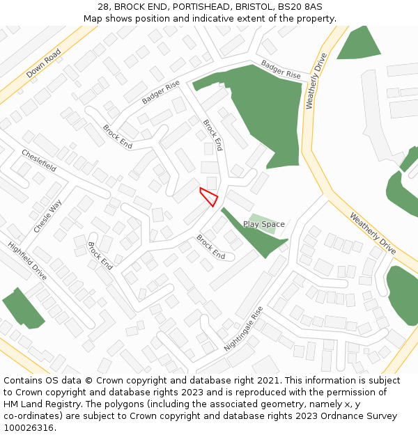 28, BROCK END, PORTISHEAD, BRISTOL, BS20 8AS: Location map and indicative extent of plot
