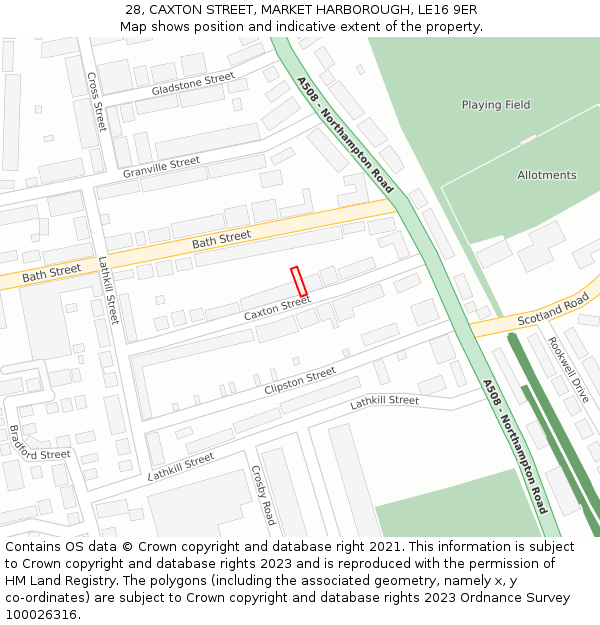 28, CAXTON STREET, MARKET HARBOROUGH, LE16 9ER: Location map and indicative extent of plot
