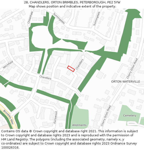 28, CHANDLERS, ORTON BRIMBLES, PETERBOROUGH, PE2 5YW: Location map and indicative extent of plot