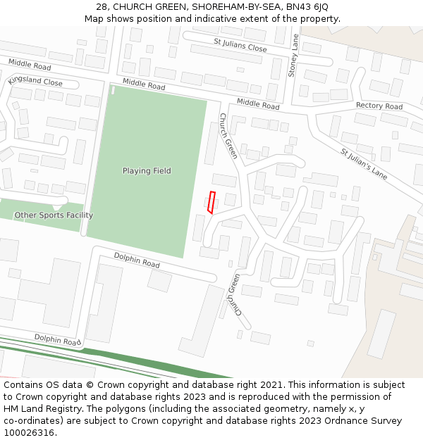 28, CHURCH GREEN, SHOREHAM-BY-SEA, BN43 6JQ: Location map and indicative extent of plot