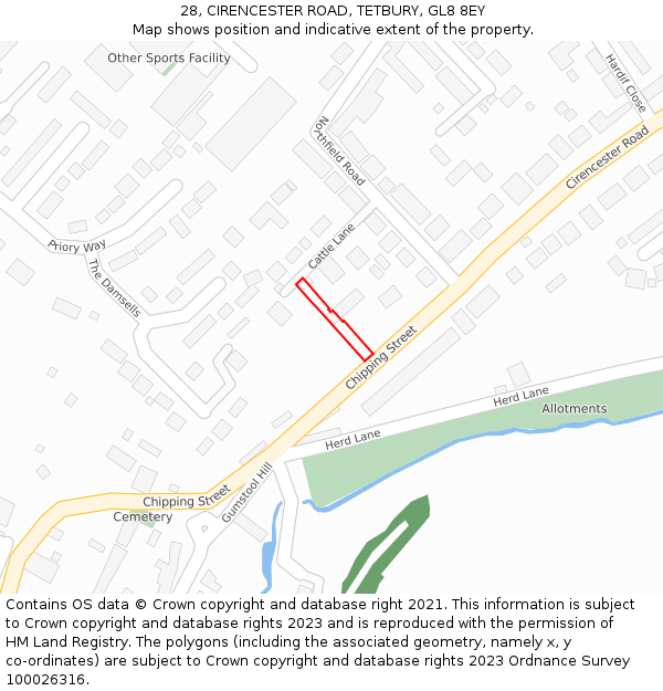 28, CIRENCESTER ROAD, TETBURY, GL8 8EY: Location map and indicative extent of plot