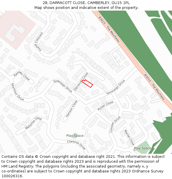 28, DARRACOTT CLOSE, CAMBERLEY, GU15 1PL: Location map and indicative extent of plot