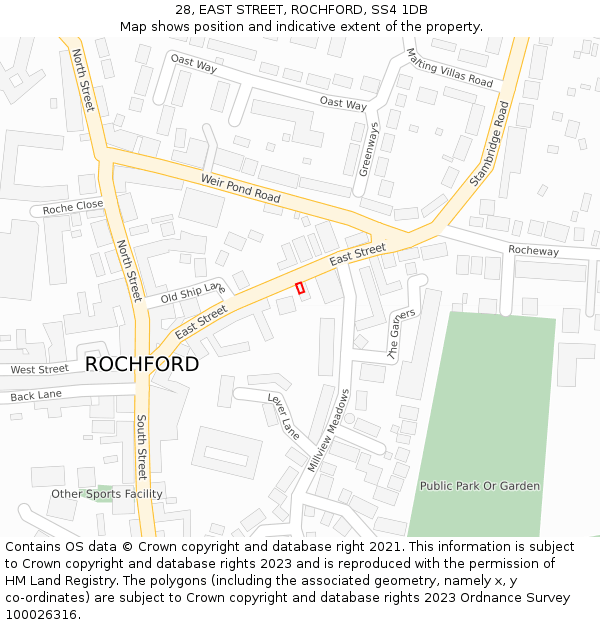 28, EAST STREET, ROCHFORD, SS4 1DB: Location map and indicative extent of plot