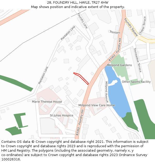 28, FOUNDRY HILL, HAYLE, TR27 4HW: Location map and indicative extent of plot