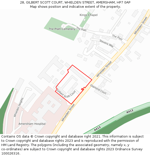 28, GILBERT SCOTT COURT, WHIELDEN STREET, AMERSHAM, HP7 0AP: Location map and indicative extent of plot